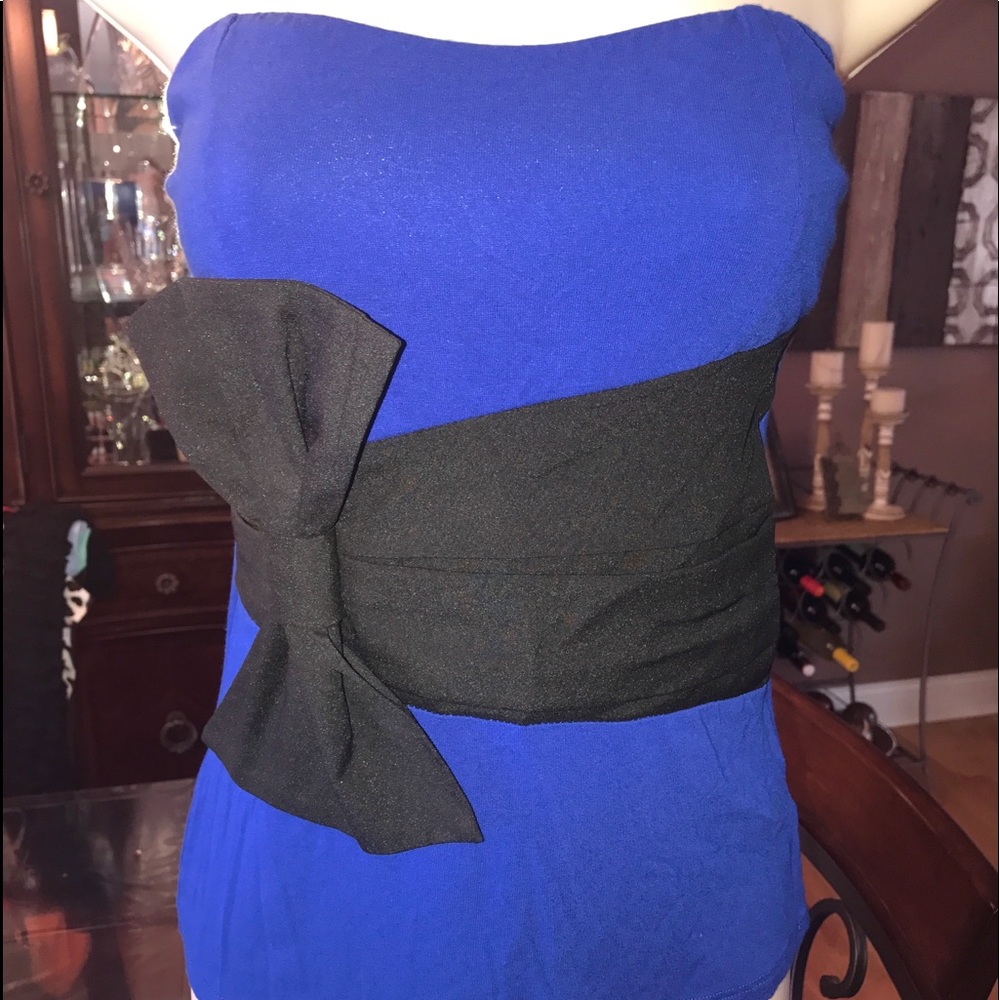 NEW Strapless Blue Top with Black Bow Sz. S AGACI